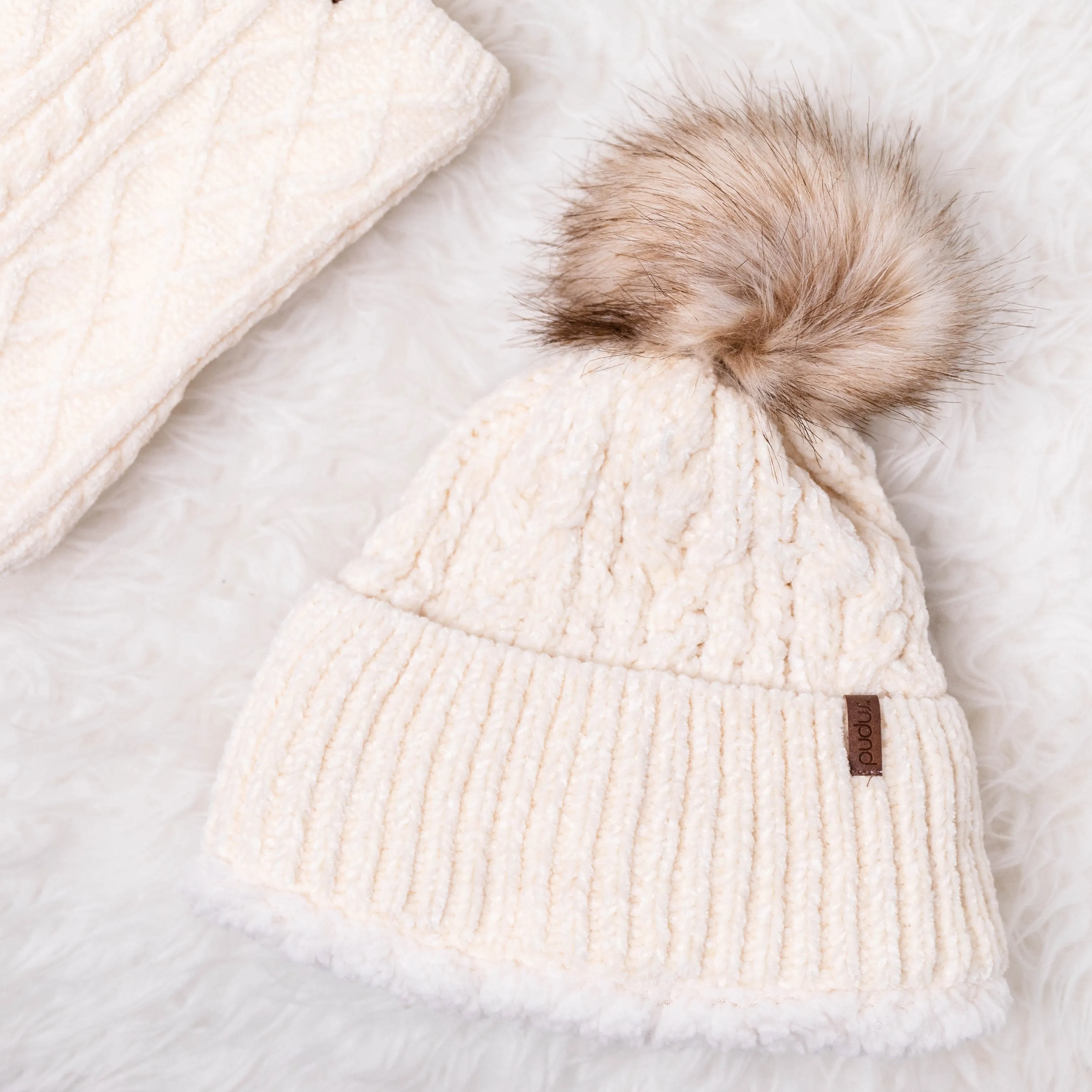 White Chenille Cable Knit - Beanie Hat Adult