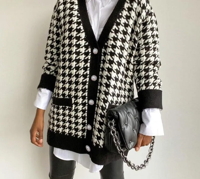 Women Loose Sweater | Oversized Button Down Knitted Sweater | Casual V Neck Long Sleeve Sweater | Houndstooth Cardigan Sweater Outwear Coat