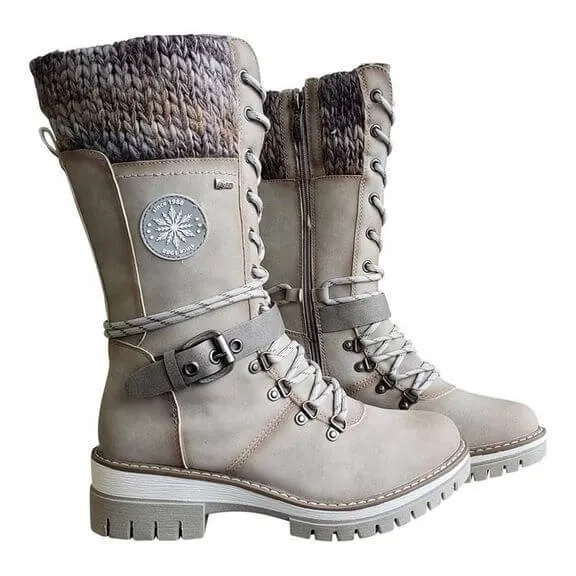 Women Snow Buckle Lace Knitted Mid-calf Snow Slip Resistant Waterproof Winter Boots