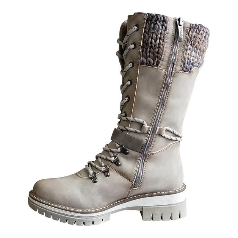 Women Snow Buckle Lace Knitted Mid-calf Snow Slip Resistant Waterproof Winter Boots