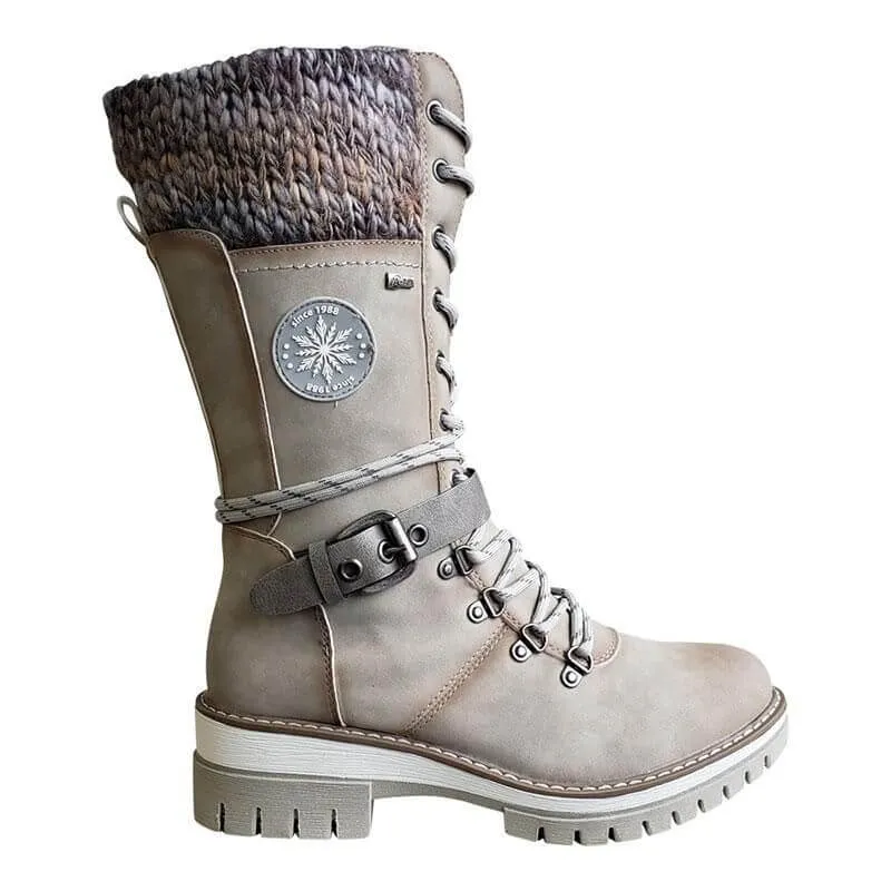 Women Snow Buckle Lace Knitted Mid-calf Snow Slip Resistant Waterproof Winter Boots