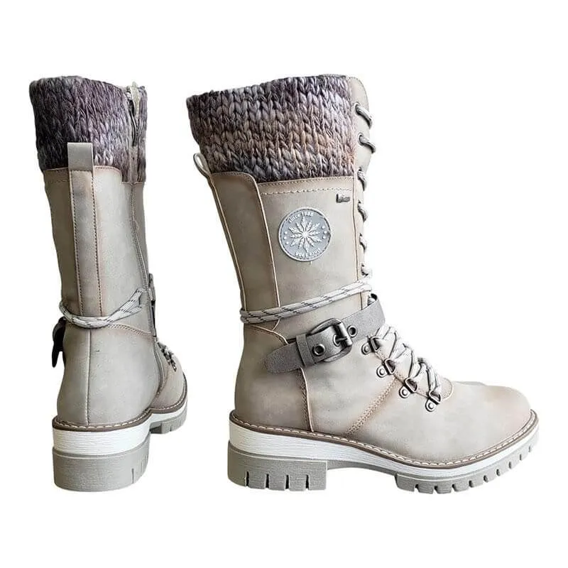 Women Snow Buckle Lace Knitted Mid-calf Snow Slip Resistant Waterproof Winter Boots