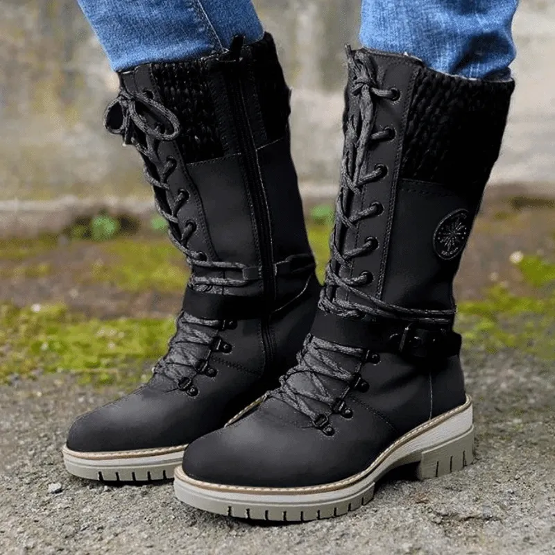 Women Snow Buckle Lace Knitted Mid-calf Snow Slip Resistant Waterproof Winter Boots