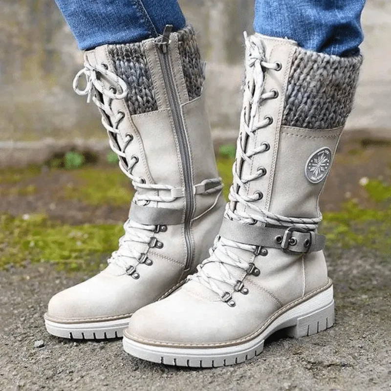 Women Snow Buckle Lace Knitted Mid-calf Snow Slip Resistant Waterproof Winter Boots