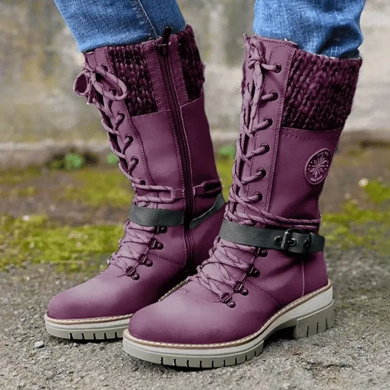 Women Snow Buckle Lace Knitted Mid-calf Snow Slip Resistant Waterproof Winter Boots