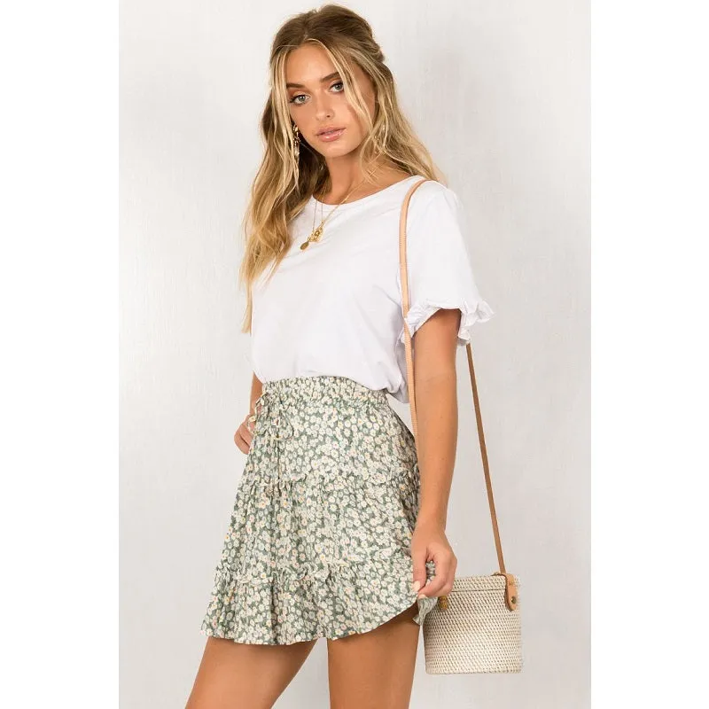 Womens Boho Beach Floral Print Tiered Ruffle Mini Skirt