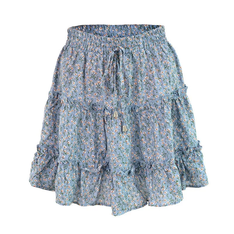 Womens Boho Beach Floral Print Tiered Ruffle Mini Skirt