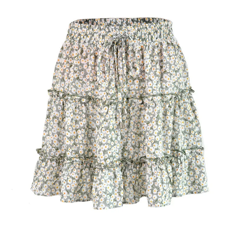 Womens Boho Beach Floral Print Tiered Ruffle Mini Skirt