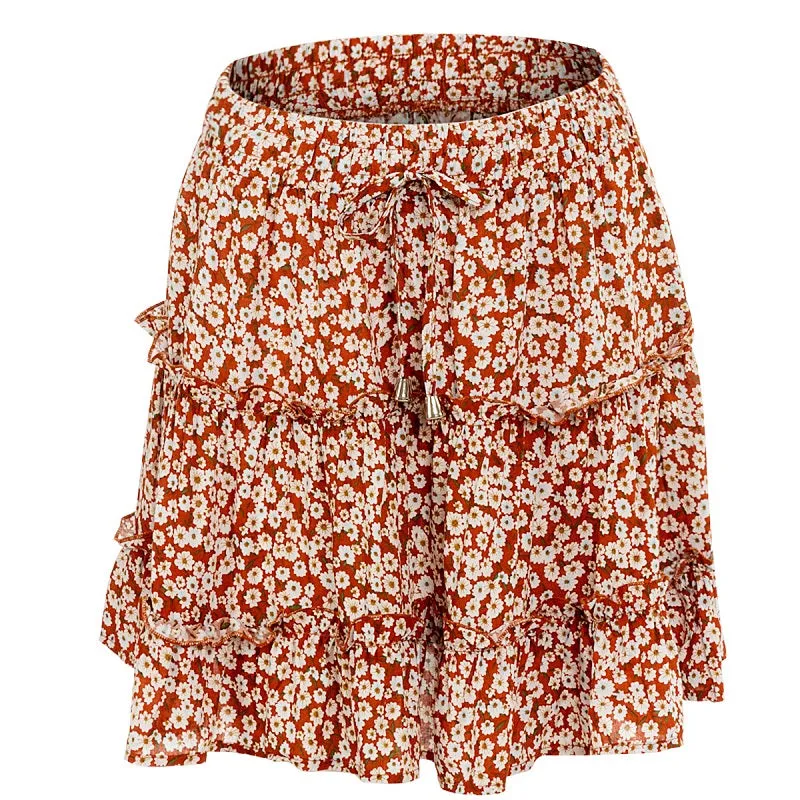 Womens Boho Beach Floral Print Tiered Ruffle Mini Skirt