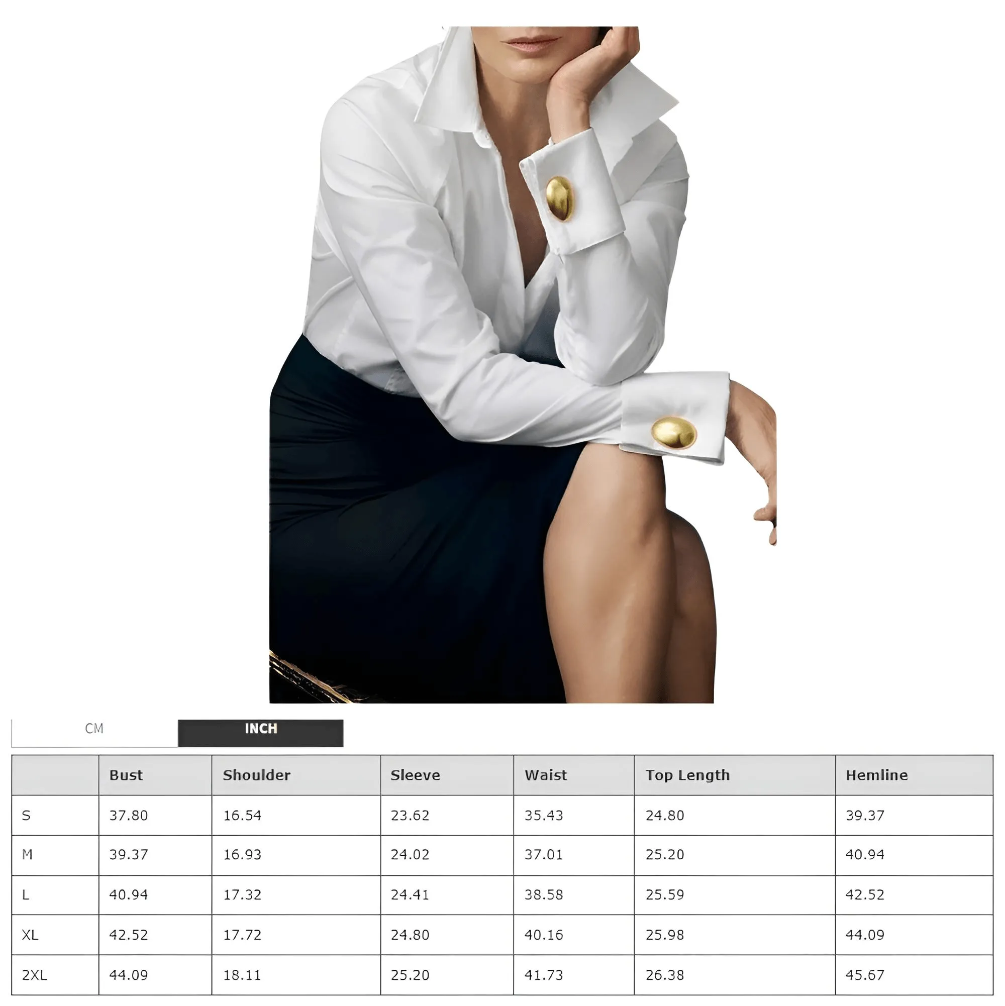 Women's Gold Buttons White Blouse Office Lady Long Sleeves Classic Tops Original Clothing Blouse for Woman