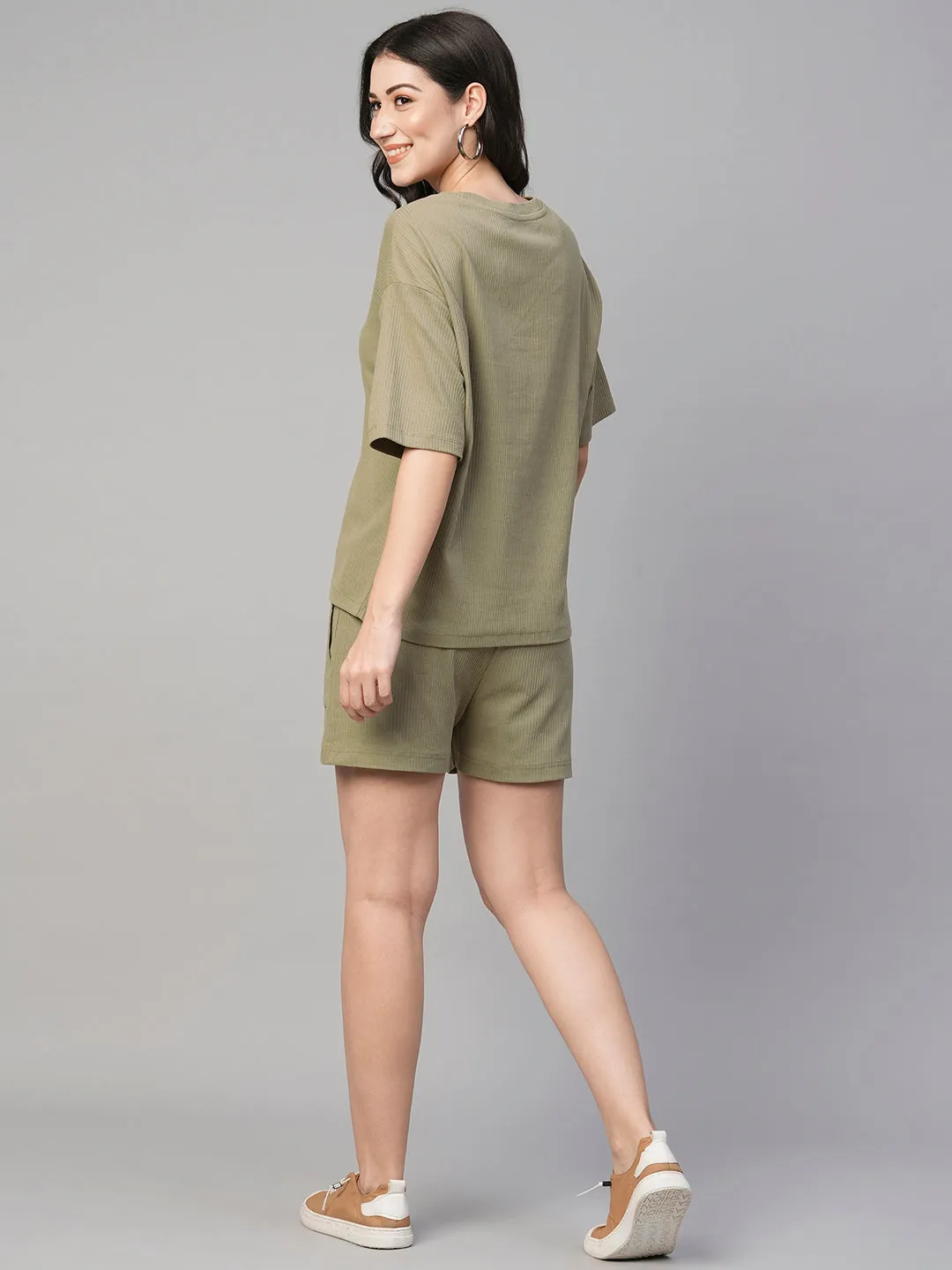 Women's Khaki Cotton Elastane Regular Fit Knit Shorts