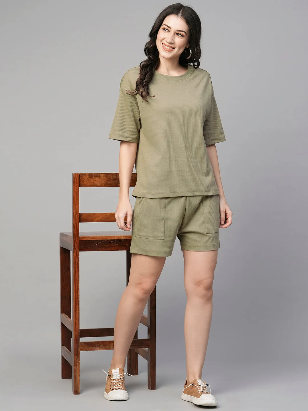 Women's Khaki Cotton Elastane Regular Fit Knit Shorts