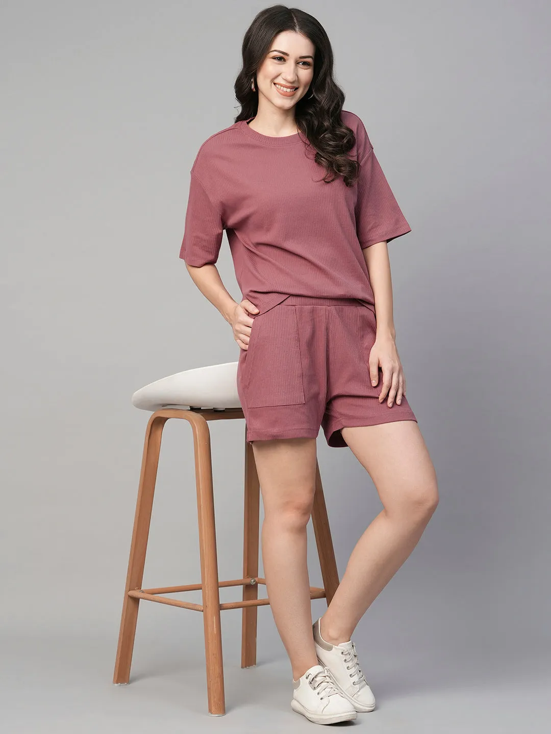 Women's Wine Cotton Elastane Regular Fit Knit Shorts