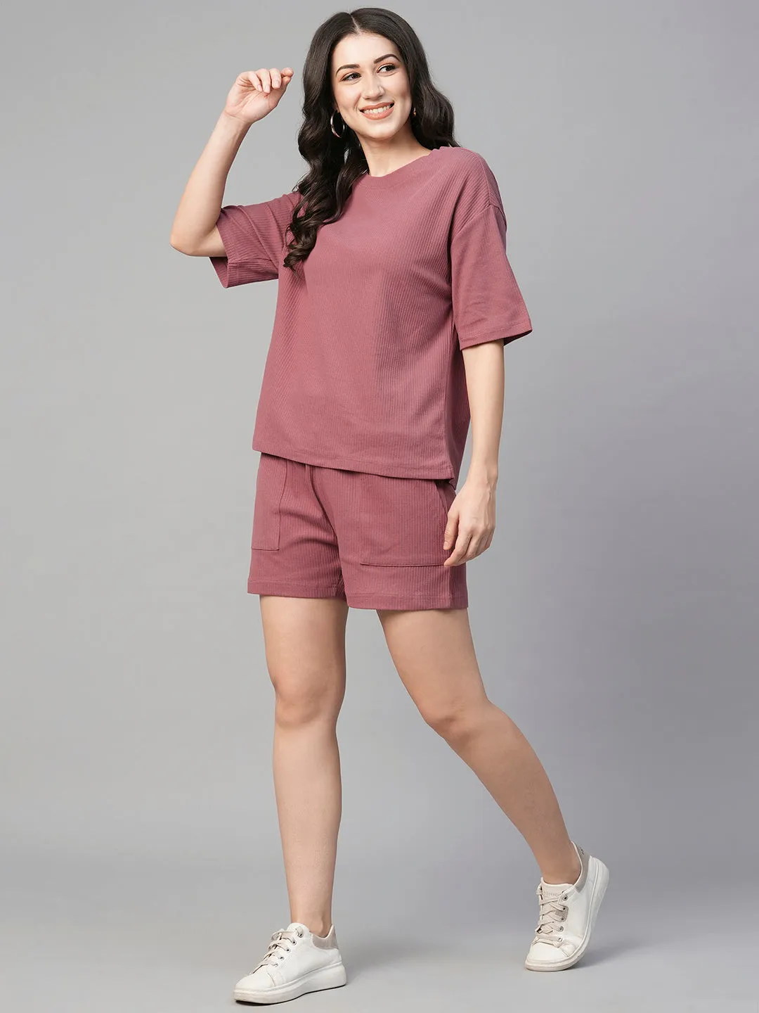 Women's Wine Cotton Elastane Regular Fit Knit Shorts