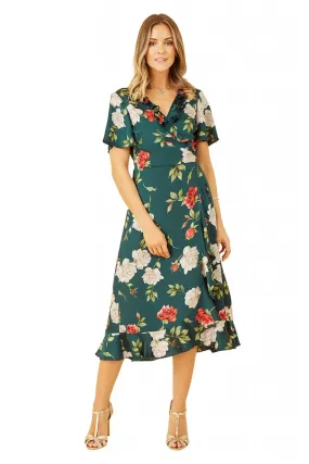 Yumi Green Satin Rose Print Wrap Dress